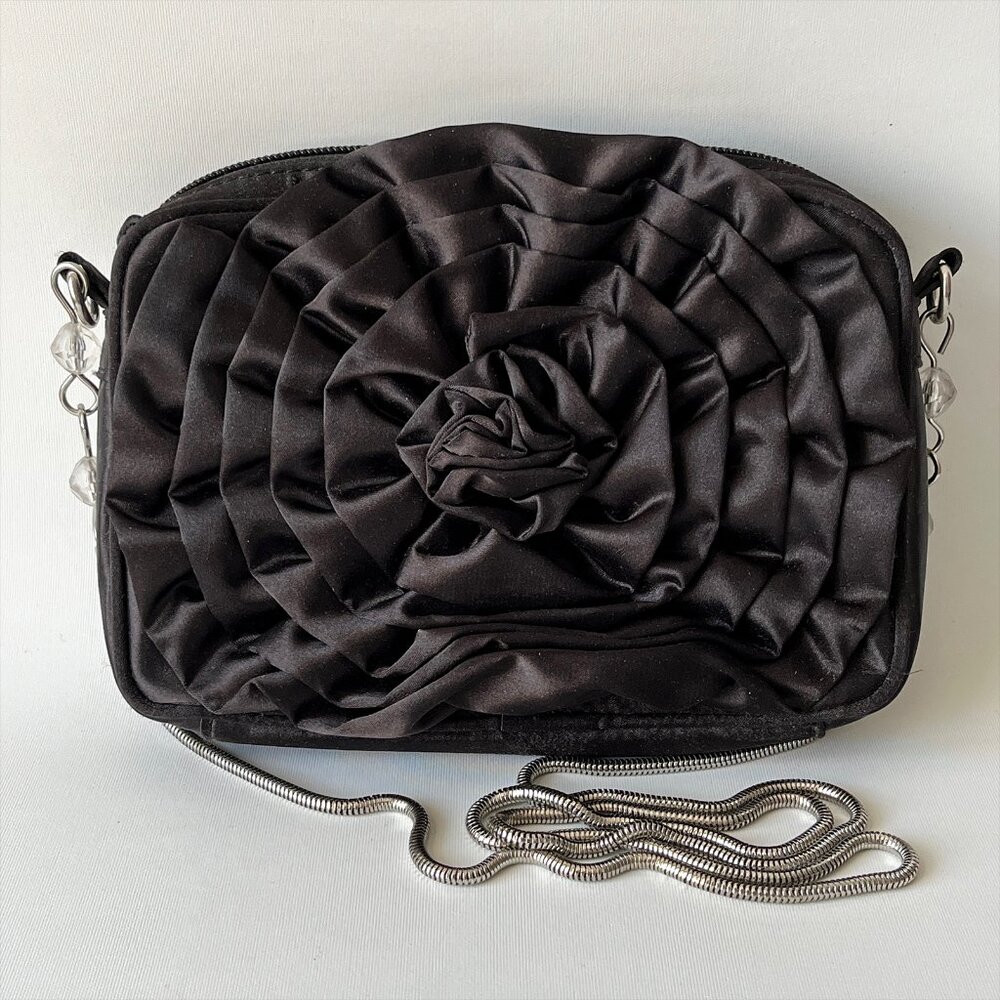 Black Mini Satin Flower Shoulder Bag Purse Silver Snake Chain Strap Steve Madden